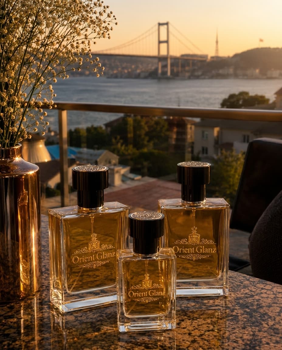 Drei goldene OrientGlanz Flakons auf Marmor, im Hintergrund der Bosporus bei Sonnenuntergang