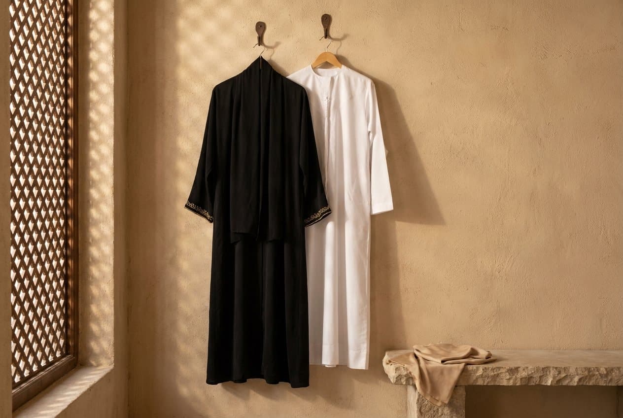 Abaya und Kandura an der Wand im Licht des Mashrabiya-Gitters